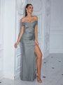 Elegant grey off-shoulder bodycon evening dress with high slit and ruched satin finish - Gray