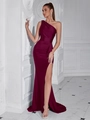 Elegantes weinrotes One-Shoulder-Abendkleid, schmal geschnitten mit Seitenschlitz - XS / Burgunderrot