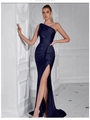 Elegant navy blue one shoulder satin dress with waist ruffle and high slit for party - Black