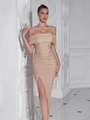 Elegant off-shoulder bodycon dress in apricot with flattering ruched details and side slit - Apricot