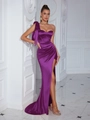 Elegante abito da sera in raso viola monospalla con grande fiocco e spacco alto - XS / Viola