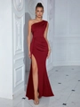 Elegant wine red one-shoulder formal evening dress with high slit and pleated waist - S / Bottoms / Burgundy