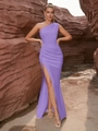 Elegante abito da sera lavanda monospalla con spacco alto e pieghe in vita per eventi formali - XS / Viola