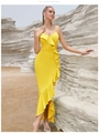 Elegante vestido de fiesta amarillo brillante de un hombro con volantes y silueta de sirena - S / Amarillo
