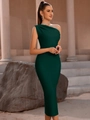 Detail des eleganten dunkelgrünen One-Shoulder-Bandagenkleids mit dezenten Falten und Passform - XS / Grün