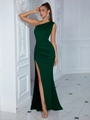 Elegant dark green one-shoulder evening gown with high slit and slim fit design - L / Top And Bottom / Green