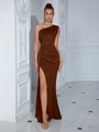 Elegant dark brown one-shoulder long evening dress with waist pleats and a high leg slit - S / Bottoms / Brown