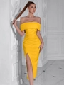 Elegant off-the-shoulder bright yellow midi dress with slim ruffles and a high slit - XS / Yellow