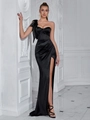Elegante abito da sera nero monospalla con maxi fiocco e spacco alto laterale sulla gamba - L / Nero