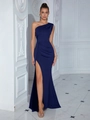 Elegant navy blue one-shoulder evening gown with waist pleats and a high slit design - XS / Top And Bottom / Navy Blue