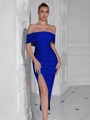Elegantes königsblaues schulterfreies Kleid mit Raffung und hohem Schlitz - XS / Blau