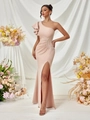 Detail of a one-shoulder pink evening gown with floral accents and a high side slit - XS / Apricot