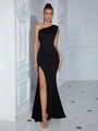 Elegante abito da sera nero monospalla con pieghe in vita e spacco alto sulla gamba - XS / Nero