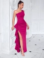 Detail of elegant one shoulder evening dress with ruffle hem and thigh high split - Rose Red