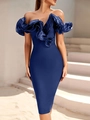 Elegante vestido midi ajustado azul marino con escote con volantes de organza extragrandes - XS / Azul