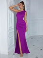Elegant purple one-shoulder satin dress with side gathering and a high leg slit - XS / Top And Bottom / Deep purple