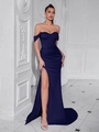 Elegantes tiefviolettes schulterfreies Abendkleid mit Korsett und hohem Schlitz-Detail - XS / Marineblau (Schnürung)