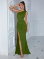 Elegante donkergroene avondjurk met één schouder en zijsplit voor cocktailfeesten - XS / Legergroen