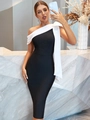 Robe bandage élégante noire et blanche à une épaule avec une silhouette midi ajustée - S / Noir
