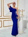 Close-up of the elegant navy one-shoulder dress with silver rhinestone waist detailing - XS / Royal Blue