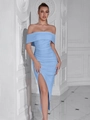 Slim fit light blue off-shoulder evening dress with ruched details and a high side slit - Light Blue