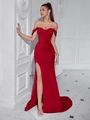 Elegantes rotes schulterfreies Abendkleid mit Korsett-Detail und hohem Beinschlitz-Schnitt - XS / Rot (Reißverschluss)