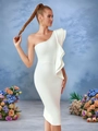 Elegant white one-shoulder midi dress featuring asymmetrical ruffles and slim-fit silhouette - XS / White