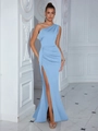Elegant sky blue one-shoulder evening gown with high slit and waist pleats for women - XS / Top And Bottom / Sky Blue