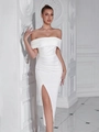 Elegant white off-the-shoulder evening dress with side slit and ruched detail - White