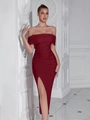 Elegant off-the-shoulder slim fit wine red evening dress with a high side slit - Burgundy