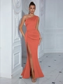 Elegant coral orange one-shoulder evening gown with ruched waist and high side slit - XS / Top And Bottom / Persimmon