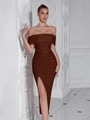 Elegant chocolate brown off-shoulder bodycon dress with a high side slit for women - Brown
