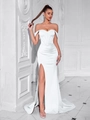 Elegant white off-shoulder evening gown with corset bodice and high side slit - XS / White (Lace-up)