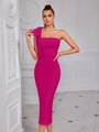 Detail of elegant one-shoulder rose red dress featuring a large bow and slim fit cut - Rose Red