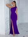 Elegant deep purple one-shoulder slim fit evening gown with high slit and waist pleats - XS / Top And Bottom / Navy Purple