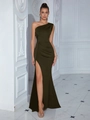 Elegant dark green one-shoulder evening gown with side slit and slim mermaid fit - XS / Bottoms / Dark Green