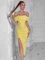 Elegant bright yellow off-the-shoulder slim fit midi dress with high slit detail - XS / Light Yellow