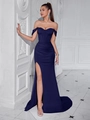 Robe de soirée élégante bleu marine à épaules dénudées avec bustier et fente haute - Bleu Marine (Fermeture Éclair)