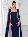 Elegante abito da sera blu navy con finiture in paillettes e maniche a mantella - S / Blu navy