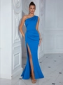 Elegant bright blue one-shoulder evening gown with waist pleats and high leg slit - XS / Bottoms / Bright Blue