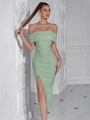 Elegant off-shoulder light green midi dress with ruched waist and side slit detail - White Green