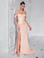 Elegantes pfirsichfarbenes schulterfreies Abendkleid mit Korsett und hohem Schlitz - XS / Aprikose (Geschnürt)