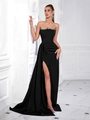 Elegant black strapless evening gown with silver crystal trim and high side slit - XS / Black