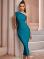 Robe bandage bleu paon élégante à une épaule, coupe ajustée moulante style midi - Vert Turquoise