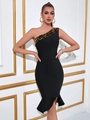 Elegante abito longuette a sirena nero con scollo a barca e paillettes dorate - XL / Nero