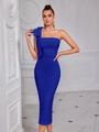 Detail view of the elegant royal blue one-shoulder dress with a large bow decoration - Sapphire Blue