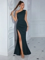 Elegant emerald green one-shoulder evening gown with side slit and pleated waist details - XS / Bottoms / Dark Forest Green
