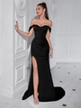 Elegantes schwarzes schulterfreies Abendkleid mit Korsett-Oberteil und hohem Seitenschlitz - XS / Schwarz (Schnürung)