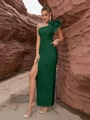 Detail of the ruffle shoulder design and high slit on a dark green evening dress - XS / Dark Green