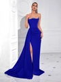 Elegant royal blue strapless evening gown with diamond trim and high slit detail - M / Blue